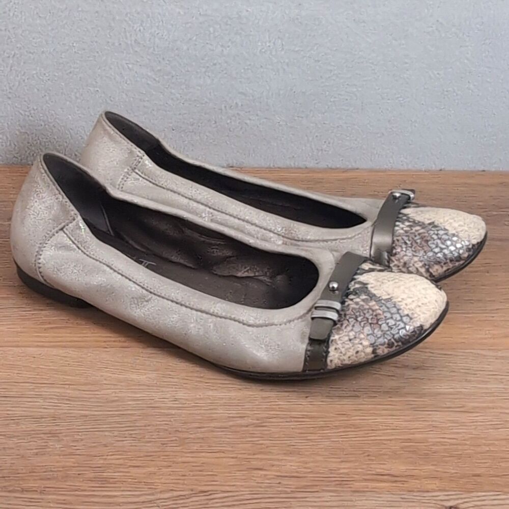 AGL Women's 8.5 EU 38.5 Snakeskin Cap Toe Ballet Flats Brown Suede Italy Gold